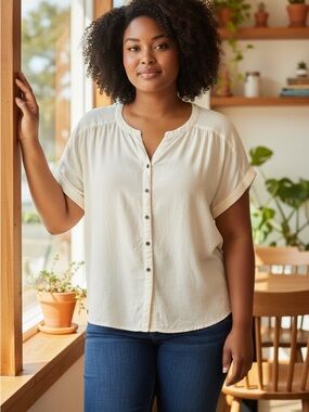 Light Cream Button-Front Women's Blouse by mySTYLE 1X